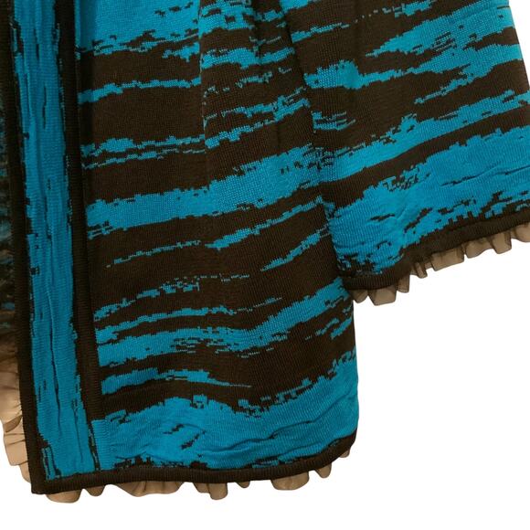 Ming Wang Cardigan Jacket Teal Blue Brown Ruffle Trim Large - Picture 3 of 8